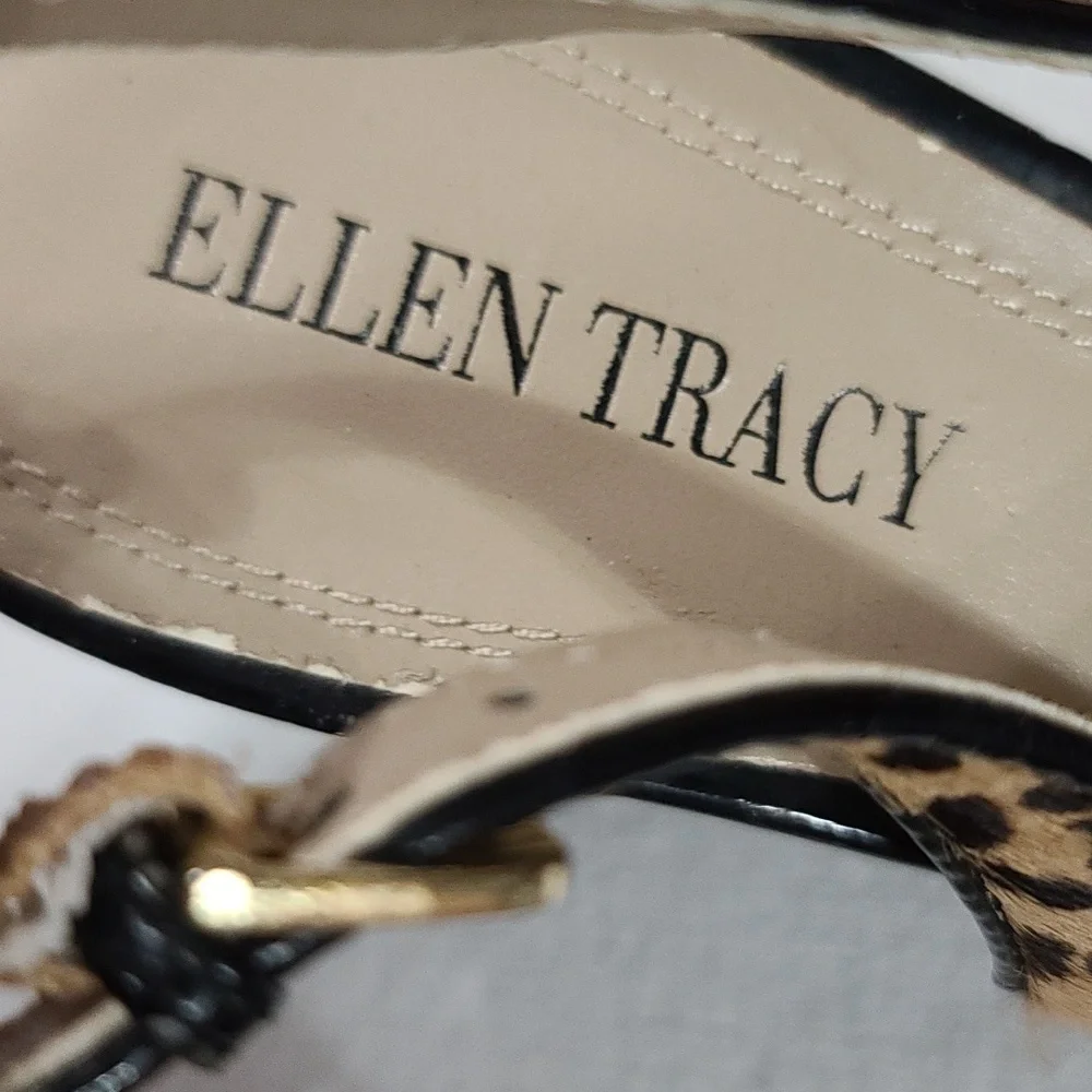 Ellen Tracy Womens Slingback Wedge Shoes Cheetah Print Cow Hair Blk Bow Sz 6 GUC